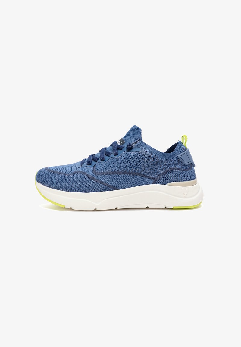 Blue athletic shoe with a mesh upper, textured detailing, flat laces, and a white sole accented with a neon green heel tab.