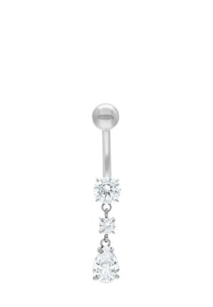 Silver curved barbell belly ring with three clear gemstones: round, small round, and pear-shaped dangling.