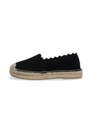 Black suede espadrille with scalloped edges, natural jute rope sole, and rubber bottom. Sleek design with minimal stitching accents.