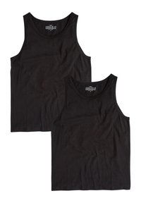 Zwei schwarze Tanktops aus Baumwolle mit einem einfachen, runden Ausschnitt und ärmellosem Design, flach ausgelegt mit glatter Textur.