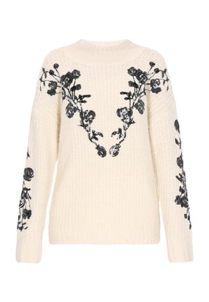 Pulover tricotat crem cu broderie florală neagră pe umeri și mâneci. Dispune de un gât rotund și manșete și tiv din tricot.