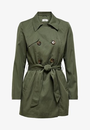 Olive green trench coat featuring double-breasted buttons, a belted waist, and shoulder epaulets. Smooth fabric with side pockets.