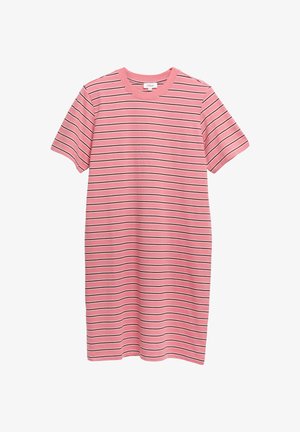 Roze jurk met korte mouwen met horizontale witte en zwarte strepen en een ronde hals, ontworpen voor casual gebruik.
