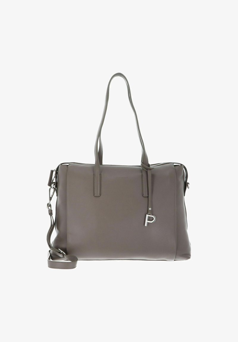 Grijze leren schoudertas met twee handvatten en een afneembare strap. Voorzien van een ritsluiting en een klein zilveren logo accent.