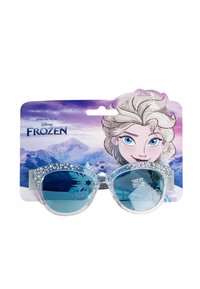 Lunettes de soleil claires et scintillantes avec des verres teintés en bleu, arborant une forme œil de chat. Emballées avec une illustration du film Disney La Reine des Neiges.