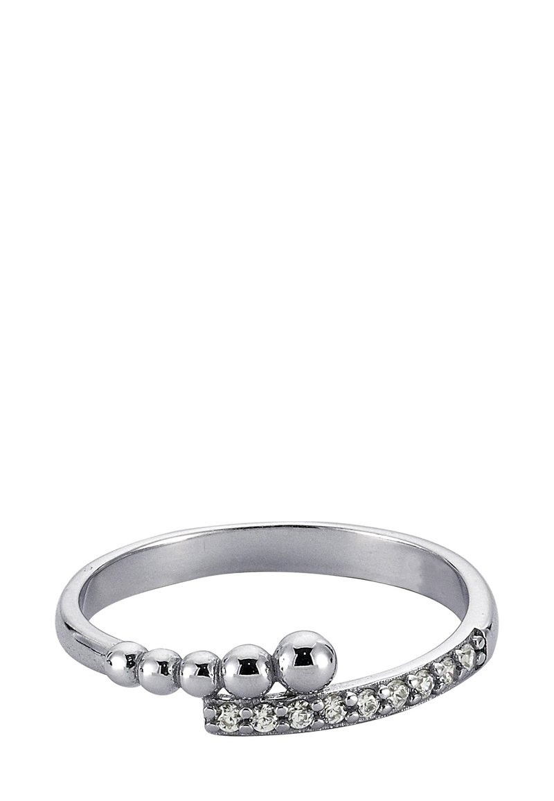 Bague en argent avec un anneau lisse orné de trois accents sphériques et d'une rangée de petites pierres précieuses claires sur un côté.