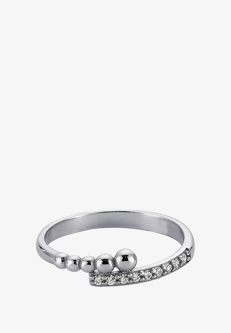 Bague en argent avec un anneau lisse orné de trois accents sphériques et d'une rangée de petites pierres précieuses claires sur un côté.