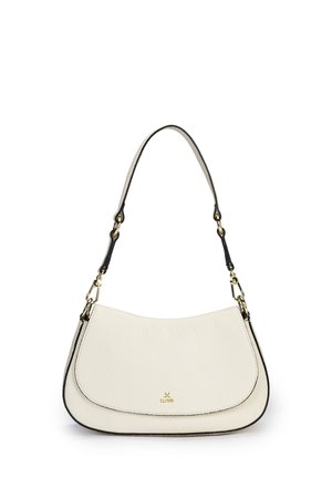 White leather shoulder bag with curved flap, gold clasp details, black trim, and adjustable strap.