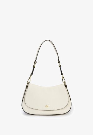 White leather shoulder bag with curved flap, gold clasp details, black trim, and adjustable strap.