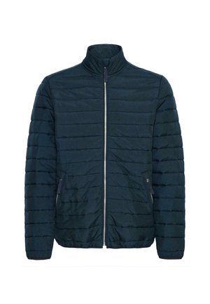 Giacca imbottita blu navy con colletto alto e zip frontale, dotata di due tasche laterali e polsini a coste. Tessuto strutturato con righe orizzontali.