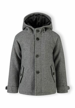 Manteau en laine gris avec capuche, doté d'une doublure intérieure noire, de boutons à l'avant et de deux poches latérales avec des rabats diagonaux.