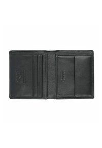 Portafoglio in pelle nera aperto che mostra molteplici fessure per carte, una tasca per contanti e dettagli con logo in rilievo sulla superficie interna.