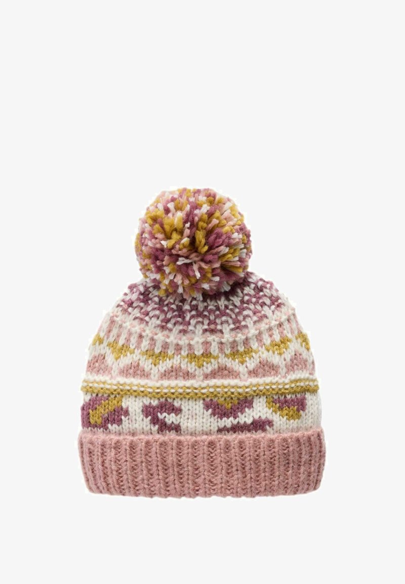 Gestrickte Wollmütze in Rosa, Weiß und Gelb, mit einem strukturierten Muster und einem großen, mehrfarbigen Pompon oben.