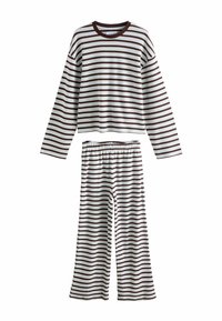 Ensemble composé d'un haut à manches longues et d'un pantalon large avec des rayures horizontales marron et blanches, une taille élastique et un col rond.
