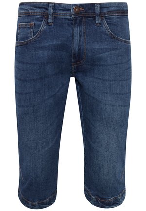 Blaue Denim-Bermudashorts mit klassischem Fünf-Taschen-Design, Knopfverschluss und fransigen Saumdetails.