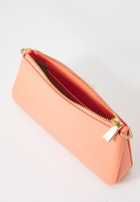 Coral leather pouch bag with gold-toned zipper and hardware, triangular shape, and smooth texture, featuring a single zip closure.