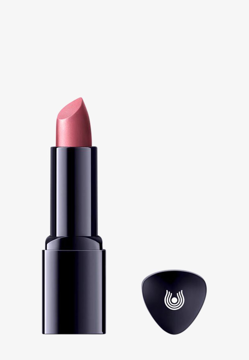 Pink lipstick in a sleek black tube with the cap removed and placed next to it, showing a white circular logo on the cap.
