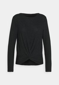 Svart långärmad topp med en texturerad glittrande finish, med en snodd knutdetalj vid midjan och en rundad halsringning.