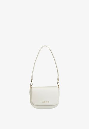 White Valentino shoulder bag with long strap, flap closure, and gold-tone hardware.