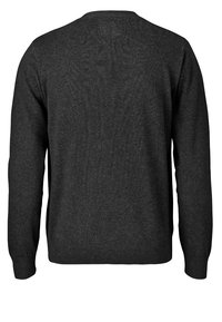 Ciemnoszary sweter z długimi rękawami, okrągłym dekoltem oraz prążkowanymi mankietami i dołem. Materiał ma gładką teksturę i minimalne zdobienia.
