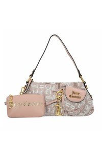Borsa Juicy Couture in rosa e beige con motivo logo, dettagli in oro e pochette piccola removibile. Dotata di tracolla curva.