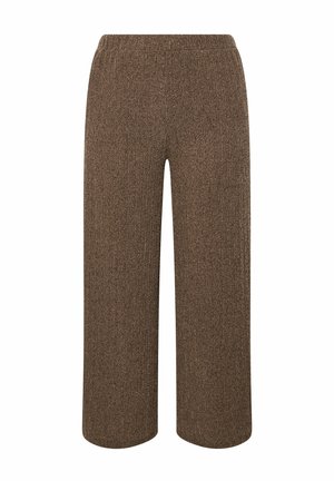 Pantalones de punto acanalado marrón con cintura elástica, diseño de pierna recta y una textura suave. Sin bolsillos ni herrajes visibles.