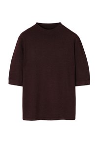 Pull tricoté à manches courtes de couleur brun foncé, avec un col montant rond côtelé et un ourlet droit, présenté sur un fond blanc.