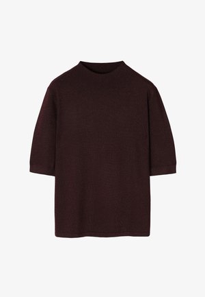 Pull tricoté à manches courtes de couleur brun foncé, avec un col montant rond côtelé et un ourlet droit, présenté sur un fond blanc.