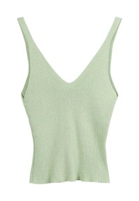 Hellgrünes, geripptes Tanktop mit tiefem V-Ausschnitt und schmalen Schulterträgern, das eine figurnahe Passform und einen strukturierten Stoff aufweist.