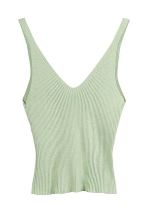 Light green ribbed tank top with a deep V-neck and narrow shoulder straps, featuring a fitted design and a textured fabric.