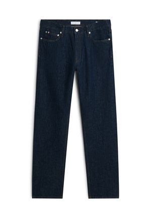 Donkerblauwe straight-leg spijkerbroek met voorzakken, riemlussen en een knoopsluiting.