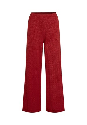Rdeče široke hlače z vzorcem cikcak, mehkim elastičnim pasom in ohlapnim krojem za udobje.