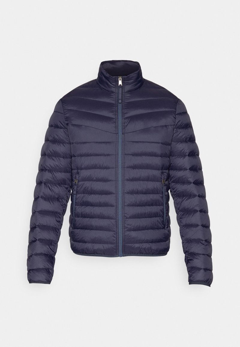 Marineblauer Steppjacke mit Stehkragen, gestepptem Design, vorderem Reißverschluss und seitlichen Reißverschlusstaschen. Leicht und isoliert.