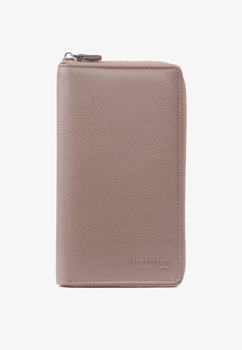 Brun texturerad läderplånbok med dragkedjeslutning, som har en slät yta, rektangulär form och präglad logotyp på framsidan.