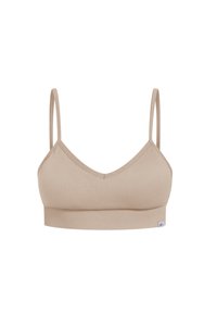 Beige geribbelde bralette met een V-halslijn, dunne verstelbare banden en een brede elastische band aan de onderkant. Bevat een klein logo aan de zijkant.