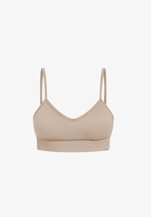 Bralette de canalé beige con escote en V, tirantes delgados ajustables y una amplia banda elástica en la parte inferior. Presenta un pequeño logo en el lateral.