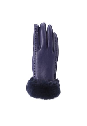 Guanto in pelle navy con un morbido polsino foderato in pelliccia. Presenta cuciture dettagliate e una finitura liscia, progettato per il calore e il comfort.
