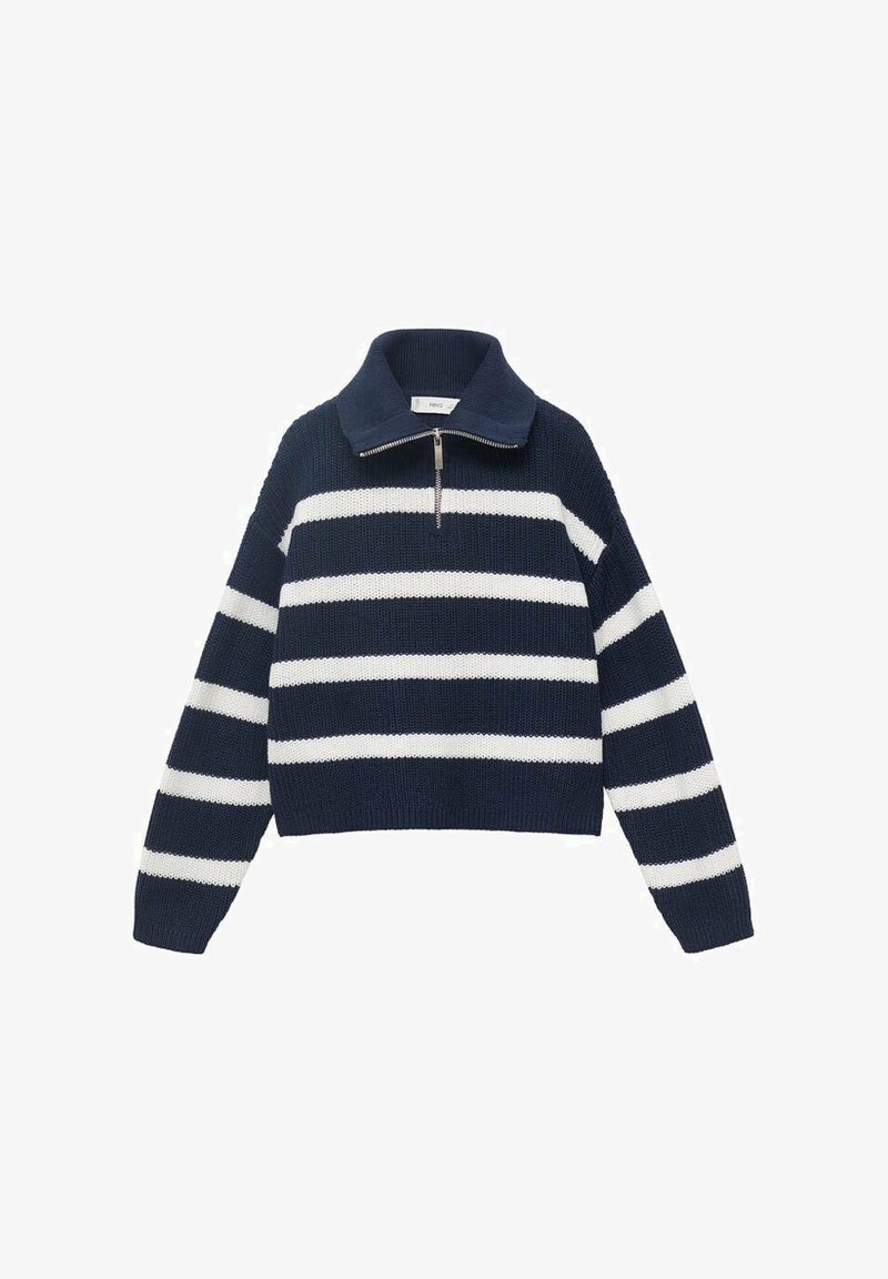 Marineblauw en witte gestreepte gebreide trui met hoge kraag en een halve rits aan de voorkant. Textuurstof, cropped ontwerp en lange mouwen.