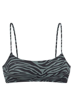 Zebra print bikini top in zwart en grijs, met dunne verstelbare banden en een gladde, rekbare stof voor comfort.