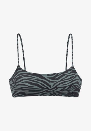 Bikini vrhnji del z zebravim vzorcem v odtenkih črne in sive, z ozkimi nastavljivimi naramnicami in gladkim, raztegljivim materialom za udobje.