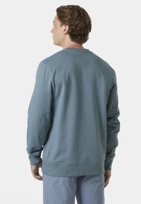 Sudadera de color azul claro hecha de un tejido suave, con mangas largas, cuello redondo y puños y dobladillo acanalados. Sin logos ni patrones visibles.