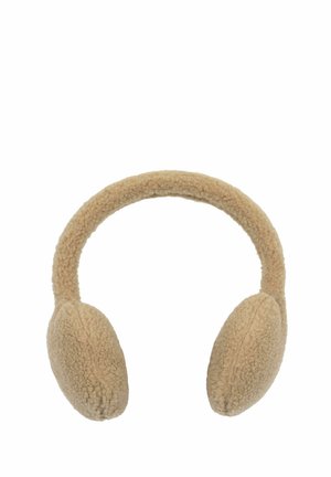Paraorecchie beige rivestiti in pile con coperture ovali imbottite per le orecchie e fascia abbinata progettati per calore e comfort.