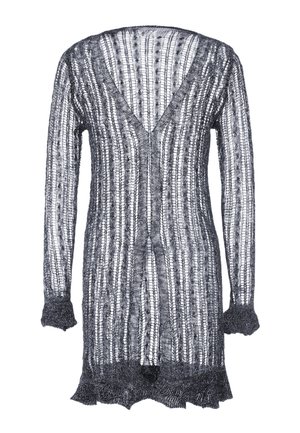Cardigan lung, cu front deschis, de culoare neagră și gri. Material tricotat, transparent, cu dungi verticale și margini zimțate. Decolteu în V și mâneci lungi.