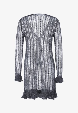 Lang, åben front cardigan i sort og grå. Strikket, gennemsigtig stof med lodrette striber og bølgede kanter. V-hals og lange ærmer.