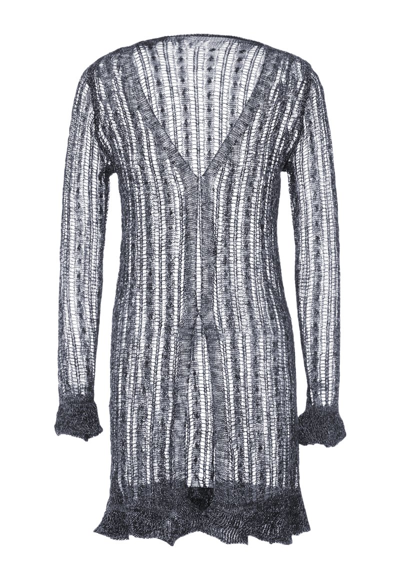 Hosszú, nyitott elülső kardigán fekete és szürke színben. Kötött, áttetsző anyag függőleges csíkokkal és fodros szélekkel. V nyakú és hosszú ujjú.