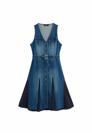 Sleeveless blue denim dress with button front, two chest pockets, belt at waist, and dark pleated fabric panels at skirt sides and hem.