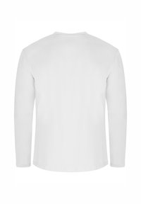 Weißes Langarmshirt aus glattem Stoff, mit rundem Ausschnitt, sauberer Naht und legerem Schnitt ohne Muster oder Verzierungen.