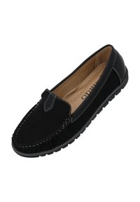 Scarpa slip-on in suede nera con cuciture bianche a contrasto, punta arrotondata e suola in gomma. Interno con fodera beige per il comfort.