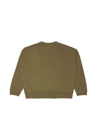 Felpa verde oliva con una vestibilità rilassata, collo rotondo e maniche lunghe. Presenta polsini e orlo a costine, texture liscia e senza grafiche visibili.