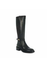 Bottes noires en cuir hautes avec un design élégant, bout rond et talon carré. Elles présentent une fine sangle avec un accent en métal doré.